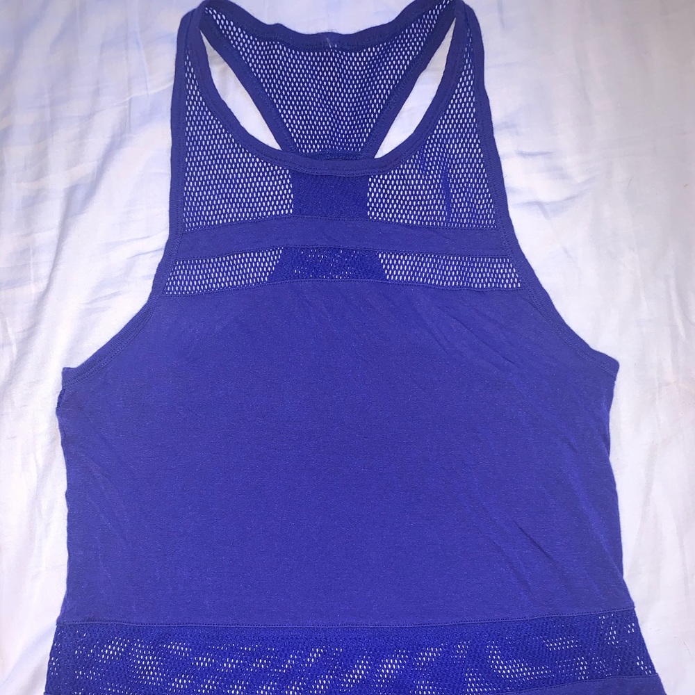 Alo blue cotton racerback tank with mesh detail